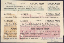 Banknoten
Deutsches Notgeld und KGL
Hamburg (Hamburg)
P. Beiersdorf & Co. AG, 10 Scheine v. 2.8. bis 20.8.1923. 100 Tsd. und 3 X 1 Mio. Mark ohne S...