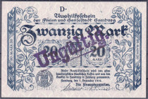 Banknoten
Deutsches Notgeld und KGL
Hamburg (Hamburg)
Finanzdeputation der Freien und Hansestadt 7.12.1918. 20 Mark, Reihe D, ohne KN entwertet.
I...