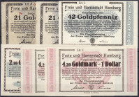 Banknoten
Deutsches Notgeld und KGL
Hamburg (Hamburg)
6 versch. Goldscheine Finanzdeputation der Freien und Hansestadt 7.11.1923. 2 X 21 GPf, 42 GP...