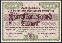 Banknoten
Deutsches Notgeld und KGL
Hamburg (Hamburg)
Finanzdeputation und Hauptstaatkasse 1.3.1923. 5000 Mark, Wz. dunkle Kreuze, o. KN, o. Reihe ...