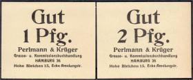 Banknoten
Deutsches Notgeld und KGL
Hamburg (Hamburg)
Perlmann & Krüger: 2 Gutscheine zu 1 und 2 Pfg. Karton o.D. beide I, selten. L.S.K. 234 kompl...