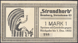 Banknoten
Deutsches Notgeld und KGL
Hamburg (Hamburg)
"Strandkorb", Steindamm 83, 1 Mark, gültig bis 1.12.1922. KN 3,5 mm.
I-, selten. Lindman 539...
