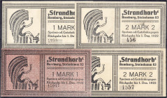 Banknoten
Deutsches Notgeld und KGL
Hamburg (Hamburg)
"Strandkorb", Steindamm 83: 4 verschiedene Scheine zu 2 X 1 und 2 X 2 Mark o.D. gültig bis 1....