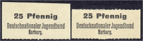 Banknoten
Deutsches Notgeld und KGL
Harburg (Hannover)
Deutschnationaler Jugendbund o.D. 2 X 25 Pfg. 1 X nur unten Perforationslinie, 1 X oben und ...