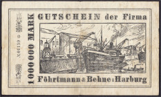 Banknoten
Deutsches Notgeld und KGL
Harburg (Hannover)
Föhrtmann & Behne, 1 Mio. Mark o.D. gültig bis 10.9.1923.
III-IV, kl. Einriss, sehr selten....