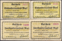 Banknoten
Deutsches Notgeld und KGL
Harburg (Hannover)
Gummiwaren-Fabrik Phoenix AG, 4 Scheine: je 2 X 100 Tsd. und 2 X 200 Tsd. Mark 1.8.1923. III...