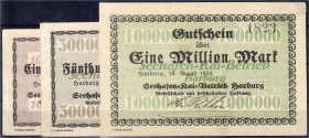 Banknoten
Deutsches Notgeld und KGL
Harburg (Hannover)
Seehafen-Kai-Betrieb GmbH, 3 Scheine 10.8.1923. 100, 500 Tsd. Mark KN 4,5 mm, 1 Mio. Mark KN...