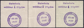 Banknoten
Deutsches Notgeld und KGL
Harburg (Hannover)
Allgemeine Ortskrankenkasse o.D. 1, 2, 4 Pfg. grauer Karton, violetter Stempel. Mit den Orig...