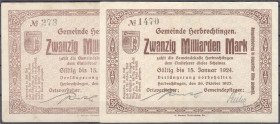 Banknoten
Deutsches Notgeld und KGL
Herbrechtingen (Württemberg)
Gemeinde: 2 Scheine zu 20 Mrd. Mark 26.10.1923. Text: so dürftig ich als Geld "jed...