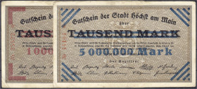 Banknoten
Deutsches Notgeld und KGL
Höchst am Main (Hessen-Nassau)
2 Scheine der Stadt 3.8. u. 11.8.1923. 1 Mio. Mark roter Überdruck auf 1 Tsd. Ma...