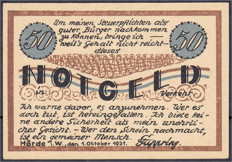 Banknoten
Deutsches Notgeld und KGL
Hörde (Westfalen)
50 Pf. F. Cuppring, 1.1...