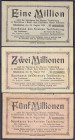 Banknoten
Deutsches Notgeld und KGL
Ibbenbüren (Westfalen)
3 Scheine zu 1, 2 und 5 Million Mark 23.8.1923, Sparkasse des Kreises Tecklenburg.
III-...