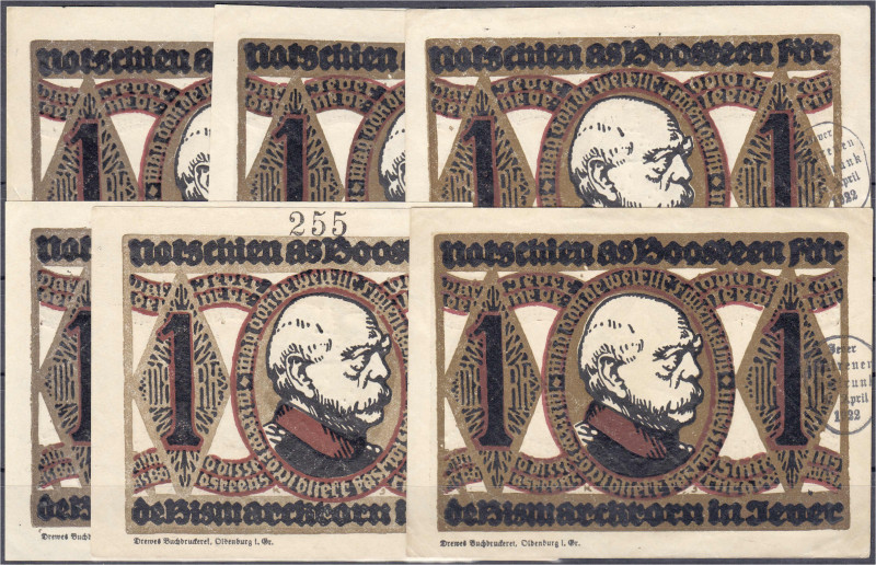 Banknoten
Deutsches Notgeld und KGL
Jever (Oldenburg)
6 X 1 Mark Bismarckturm...