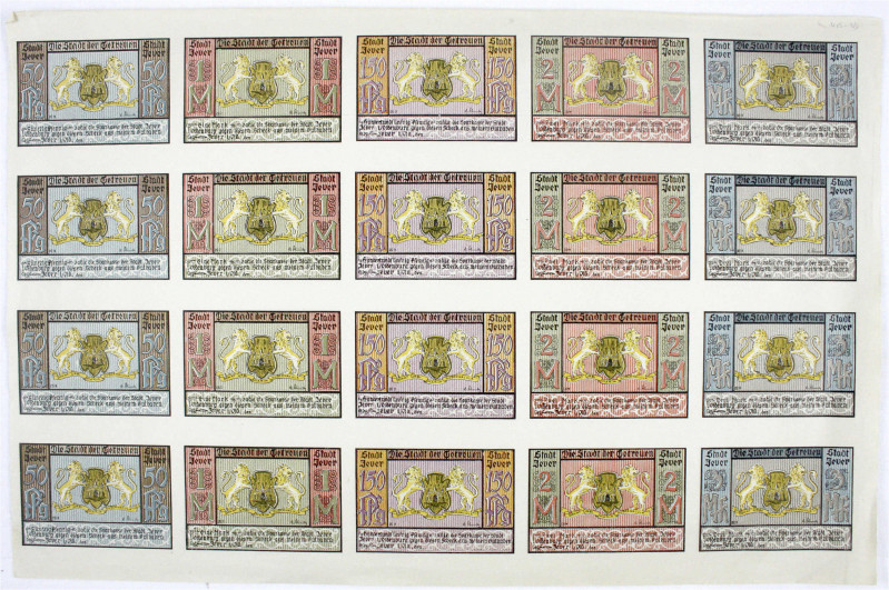 Banknoten
Deutsches Notgeld und KGL
Jever (Oldenburg)
Druckbogen zu je 4 X 50...