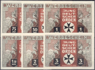 Banknoten
Deutsches Notgeld und KGL
Kiel (Schleswig Holstein)
6 Scheine: Jungdeutscher Orden, o.D. 50 und 75 Pf., 1, 1.50, 2 und 3 Mark.
I und I-,...