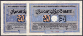 Banknoten
Deutsches Notgeld und KGL
Kiel (Schleswig Holstein)
2 Scheine der Gold-Girobank Schleswig-Holstein AG 3.6.1924 zu 20 Mark, mit und ohne K...