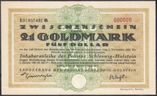 Banknoten
Deutsches Notgeld und KGL
Kiel (Schleswig Holstein)
Musterdruck zu 21 Goldmark der Landesbank 20.11.1923. KN 000000 ohne Perforation.
I-...