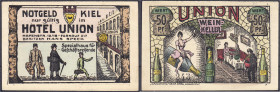 Banknoten
Deutsches Notgeld und KGL
Kiel (Schleswig Holstein)
Hotel Union, 50 Pfg. o.D. niedrige KN links unten im Bild.
I-, selten. Lindman 674a....