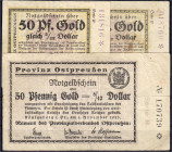 Banknoten
Deutsches Notgeld und KGL
Königsberg (Ostpreußen)
3 Goldscheine zu 50 GPf, 1 X 1.11.1923, KN 6stellig Serie B, 2 X 15.11.1923 Serie F PS ...