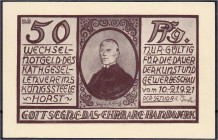 Banknoten
Deutsches Notgeld und KGL
Königssteele-Horst (Westfalen)
Kathol.-Gesellenverein. 50 Pfg. Kunst und Gewerbeschau 10.-21.9.1921. I-, sehr s...