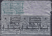 Banknoten
Deutsches Notgeld und KGL
Lautawerke (Sachsen)
5 Scheine Aluminiumgeld 10.10.1922. 2 X 20, 50 und 2 X 100 Mark (1 X Erh. II-III).
meist ...