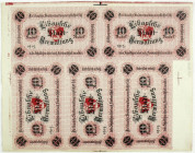 Banknoten
Deutsches Notgeld und KGL
Libau (Lettland)
Druckbogen zu 5 X 10 Rubel 1915, ohne KN, mit Bogen Wz. "Russko-Amerikanskaja Linija".
II, se...