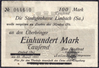 Banknoten
Deutsches Notgeld und KGL
Limbach (Sachsen)
Stadtrat: 100 T. Mark Überdruck auf 100 Mark der Stadtgirokasse, 25.8.1923. III, Kleberest au...