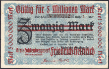 Banknoten
Deutsches Notgeld und KGL
Lintfort (Rheinland)
20 Mark Steinkohlenbergwerk Friedrich Heinrich, Überdruck 5 Mio. Mark o.D. auf 20 Mark der...