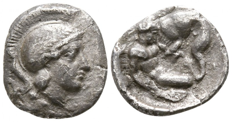 Calabria. Tarentum circa 380-344 BC.
Diobol AR

10mm., 0,86g.

Head of Athe...