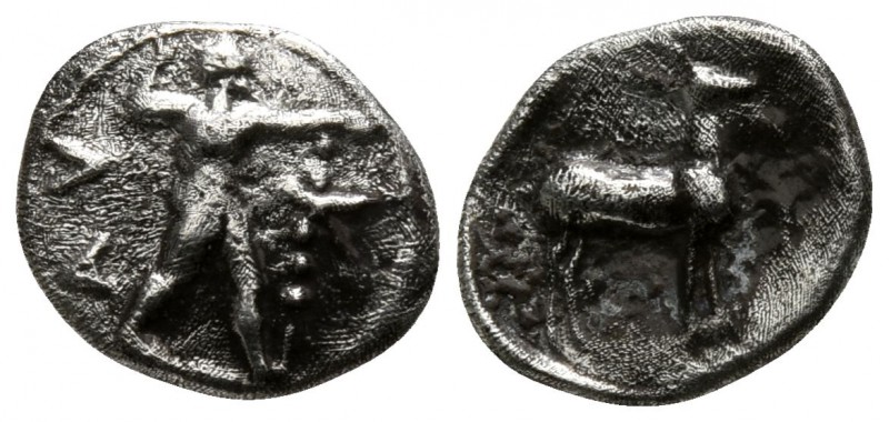 Bruttium. Kaulonia circa 480-388 BC.
Obol AR

8mm., 0,31g.

Apollo advancin...