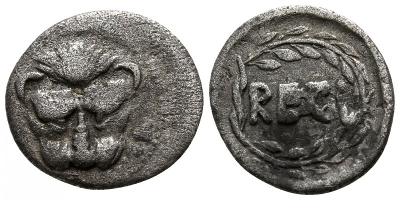 Bruttium. Rhegion circa 445-435 BC.
Litra AR

12mm., 0,65g.

Lion's mask fa...