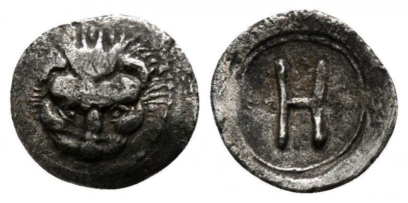 Bruttium. Rhegion 415-387 BC.
Hemilitron AR

7mm., 0,28g.

Facing lion head...
