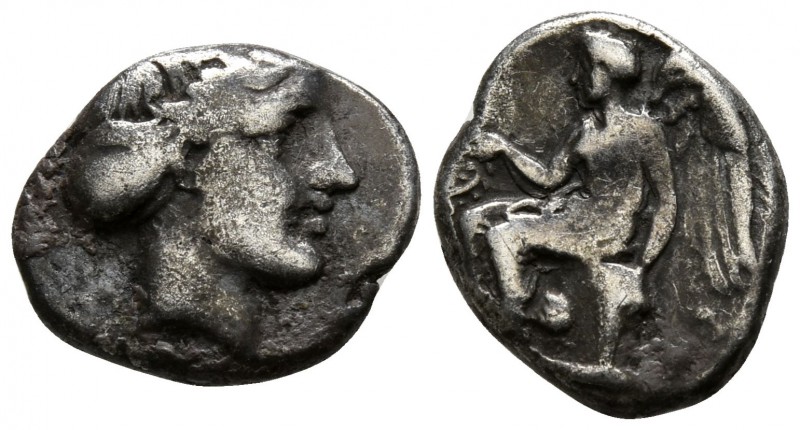 Bruttium. Terina circa 400-356 BC.
Triobol AR

12mm., 1,15g.

Head of nymph...