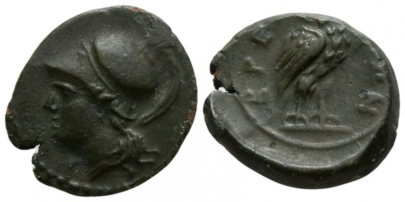 Bruttium. The Brettii circa 215-210 BC.
Obol Æ

12mm., 1,25g.

Head of Athe...