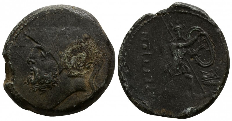 Bruttium. The Brettii 211-208 BC.
Bronze Æ

25mm., 14,83g.

Helmeted head o...