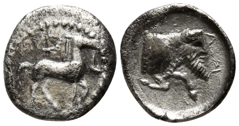 Sicily. Gela circa 465-450 BC.
Litra AR

10mm., 0,73g.

Bridled horse stand...