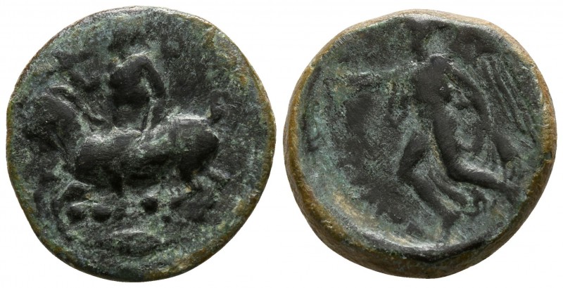 Sicily. Himera 415-409 BC.
Tetras Æ

15mm., 2,31g.

Nude youth riding goat ...