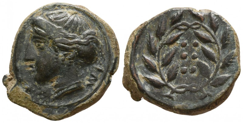 Sicily. Himera circa 415-409 BC.
Hemilitron Æ

16mm., 3,72g.

Head of nymph...