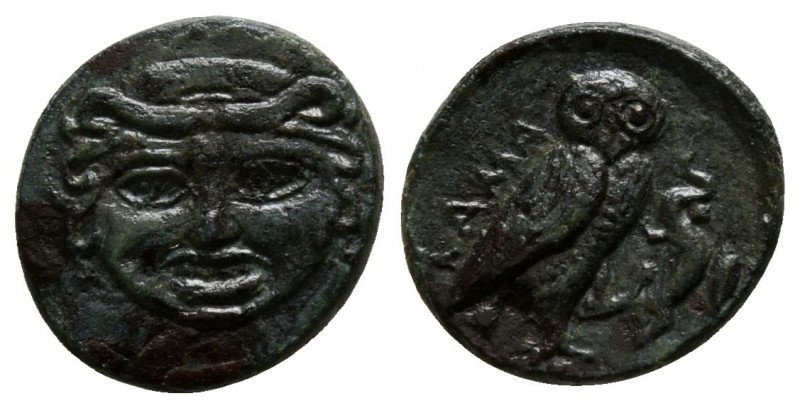 Sicily. Kamarina 420-405 BC.
Onkia Æ

10mm., 1,30g.

Facing gorgoneion / Ow...