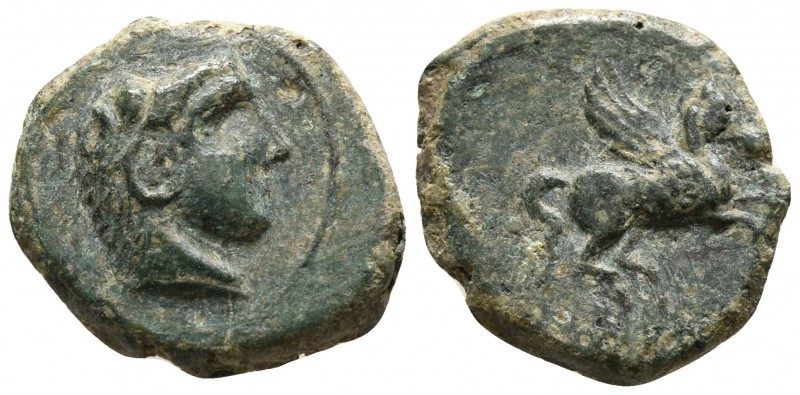 Sicily. Kephaloidion circa 400-200 BC.
Bronze Æ

13mm., 2,07g.

Head of Her...