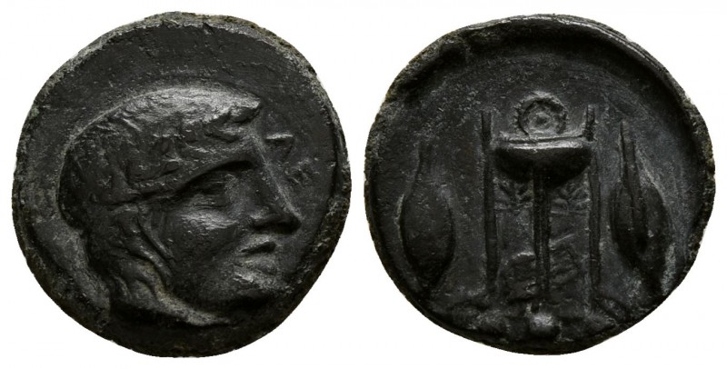 Sicily. Leontinoi 405-402 BC.
Tetras Æ

13mm., 2,46g.

Laureate head of Apo...