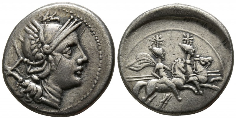 Anonymous 211 BC. Rome
Denarius AR

17mm., 4,46g.

Helmeted head of Roma ri...