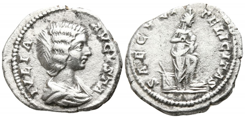Julia Domna AD 193-211. Rome
Denarius AR

18mm., 3,01g.

IVLIA AVGVSTA, dra...