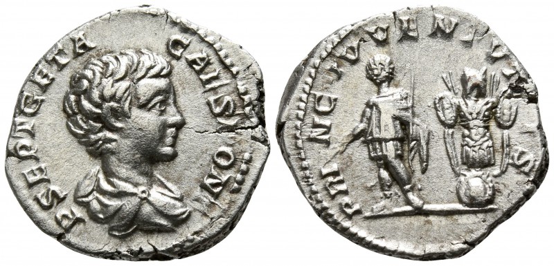 Geta AD 198-211. Rome
Denarius AR

14mm., 3,19g.

P SEPT GETA CAES PONT, ba...