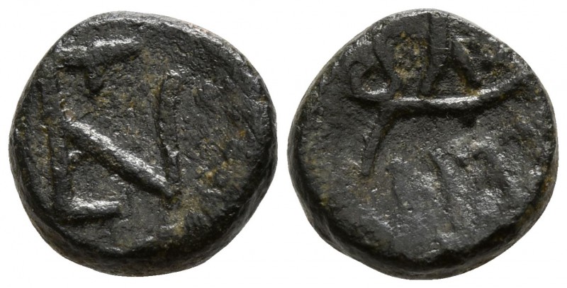 Justinian I. AD 527-565. Rome
Denarius AE

8mm., 1,60g.

Justinian monogram...