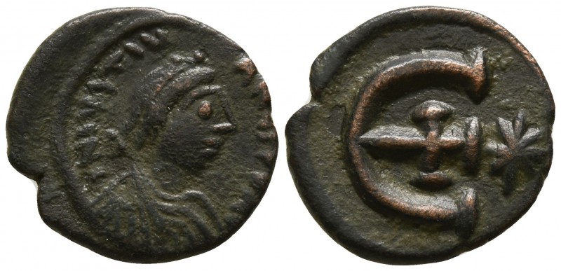 Justinian I. AD 527-565. Theoupolis (Antioch)
Pentanummium Æ

14mm., 1,71g.
...