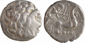 Aulerques Diablintes, statère d'argent allié, type de Jublains, c.100 av. J.-C
Profil apollinien à droite avec une abondante chevelure
Cheval androc...