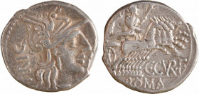 Curiatia, denier, Rome, 135 av. J.-C.
A/TRIG
Tête casquée de Roma à droite ; devant, valeur X
R/C CVR F/ ROMA
Junon dans un quadrige à droite, bra...