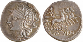 Appuleia, denier, Rome, 104 av. J.-C
A/Anépigraphe
Tête casquée de Roma à gauche
R/A l'exergue, L SATVRN
Saturne dans un quadrige à droite, tenant...