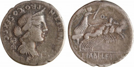 Annia et Fabia, denier, Rome, 82-81 av. J.-C.
A/C ANNI T F T N PRO COS EX S C
Buste diadémé et drapé d'une femme à droite ; devant, une balance et d...